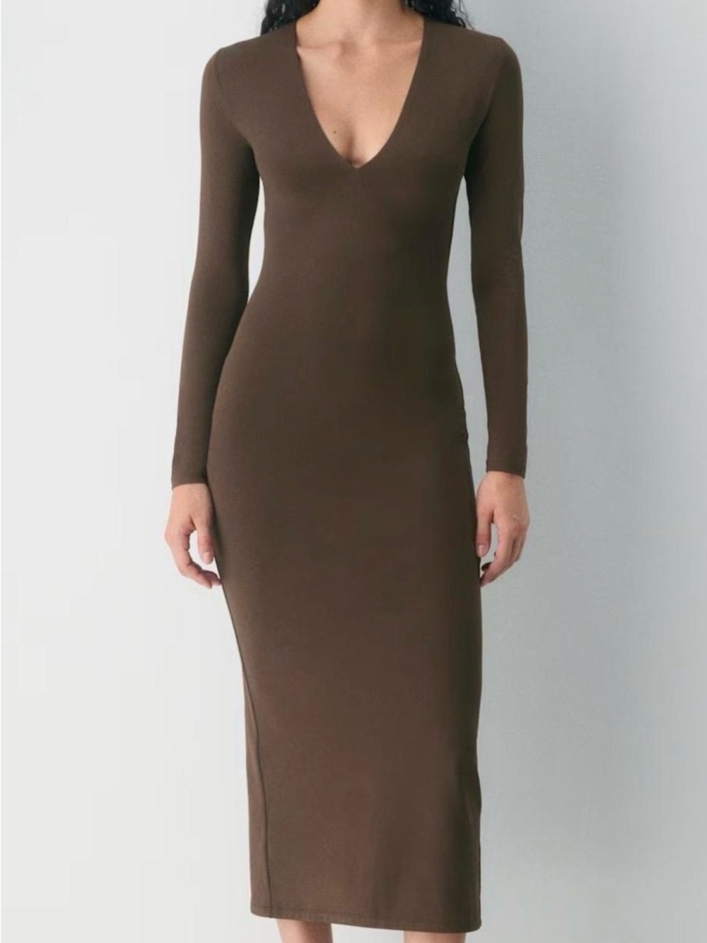 Babaton Brown Long Sleeve V-Neck Midi Dress XXS
